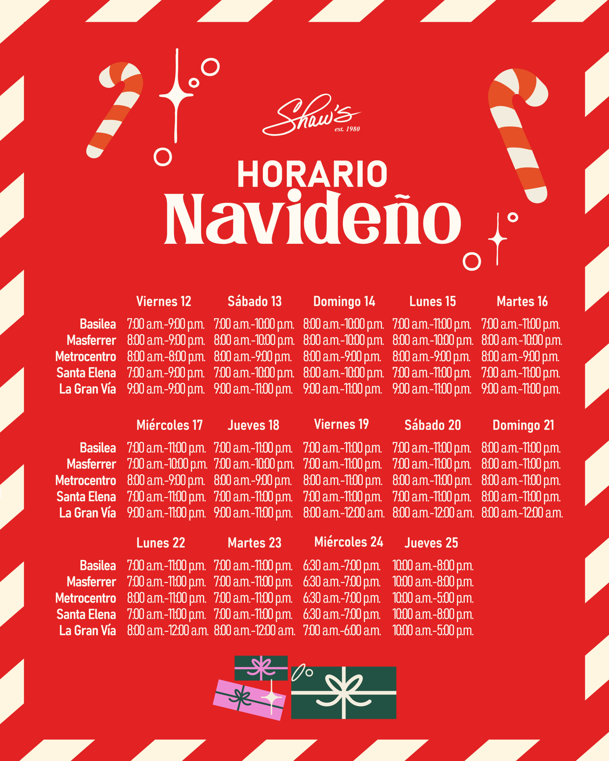 Horarios Especiales de Navidad – Shaw’s
